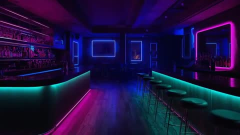 Neon Lounge Bar Casting Moving LED Reflections across Curved Counter and Stools