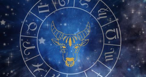 Taurus Zodiac Sign Centered in Starry Astrological Wheel