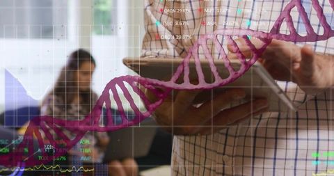 Hands tapping tablet with dna helix overlay for genomics data visualization and business analytics