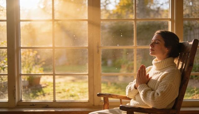 Woman meditating by sunlit window in cozy cream sweater during golden hour morning