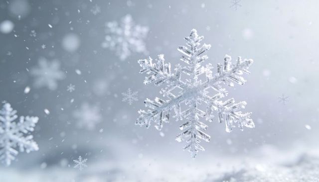 Macro snowflake floating in soft falling snow with frosted crystal detail