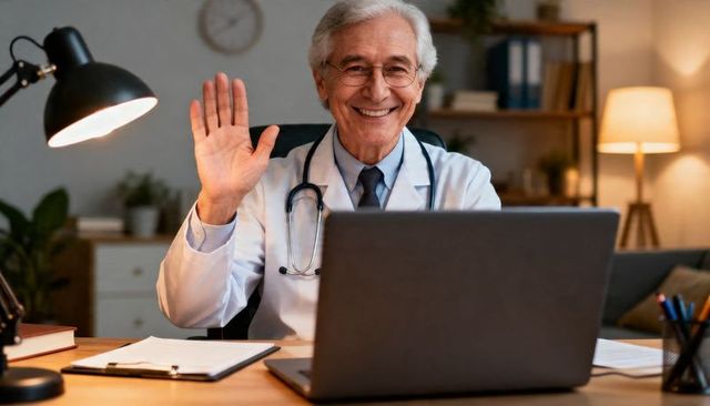Senior doctor waving during telemedicine video consultation on laptop at desk