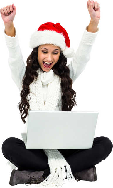 Transparent Joyful Woman in Santa Hat with Laptop Celebrating Success - Download Free Stock Videos Pikwizard.com