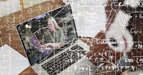 Student video calling on laptop with floating mathematical equations