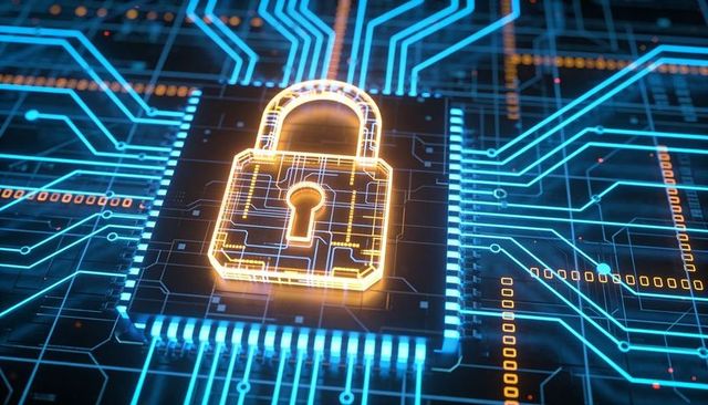Glowing golden padlock on microchip with neon-blue circuitry representing cybersecurity