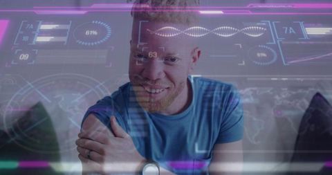 Smiling man on couch interacting with holographic hud and wearable wristwatch ar interface