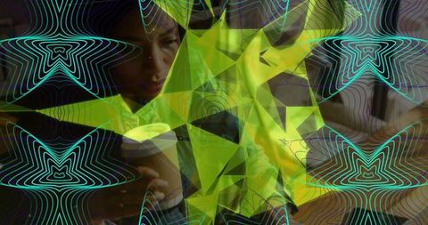 Contemplative woman with coffee and abstract neon collage