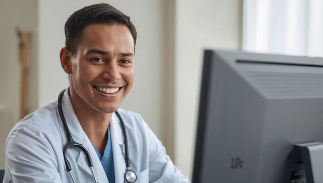 Smiling physician checking computer monitor in clinic wearing white coat and stethoscope