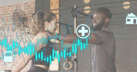 Personal trainer guiding client through shoulder mobility exercise with fitness data overlay