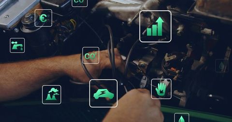 Mechanic Inspecting Car Engine with Eco-Friendly Technology Overlay