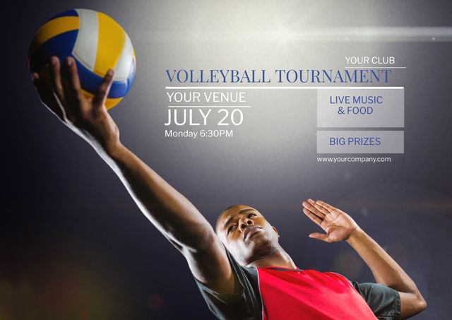 Ideal for promoting volleyball tournaments, sports events, and training camps. Great for flyers, posters, and social media campaigns aimed at attracting participants and attendees. Highlights include date, time, live music, food, and big prizes showcased in a dynamic action shot.