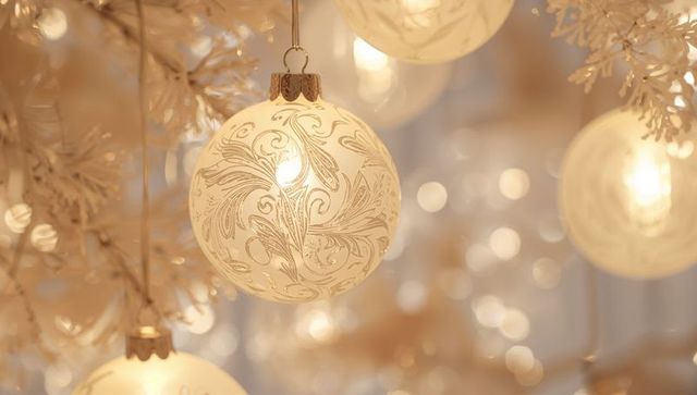 Ornate cream gold glass christmas bauble hanging with filigree pattern and warm bokeh