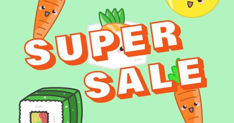 Super Sale Illustration with Carrot and Sushi Characters