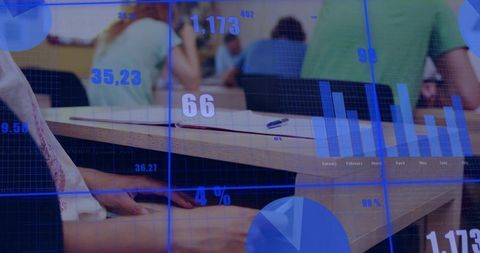 Students resting hands under desk with digital charts and graph overlays in classroom