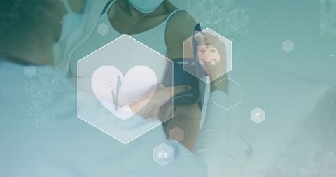 Clinician placing blood pressure cuff on patient with telehealth hud and heart icon overlay