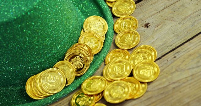 A green hat adorned with sequins lies next to a trail of shiny gold coins on a wooden surface, evoking themes of luck and prosperity often associated with St. Patrick's Day celebrations. The arrangement suggests a festive atmosphere and the cultural symbolism of the Irish holiday.