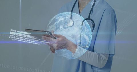 Clinician Using Tablet with Holographic Globe and Data Streams for Telemedicine