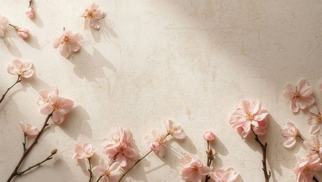 Soft pink cherry blossoms on beige textured surface minimal flat lay with delicate shadows