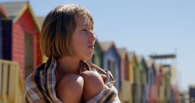 Thoughtful Girl Sitting with Colorful Beach Houses Background - Download Free Stock Images Pikwizard.com