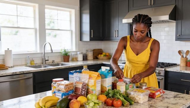 Organizing groceries on sunlit modern kitchen island wearing yellow dress with produce