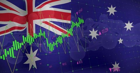 Australian flag with green candlestick chart on digital trading screen