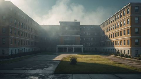 Tranquil Courtyard Morning Light on Historic Brick Building