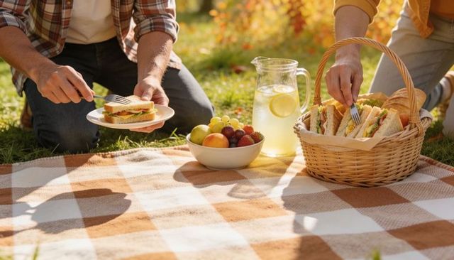 Couple enjoying autumn picnic with sandwiches, fruit bowl and lemonade on checkered blanket