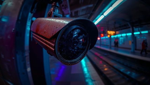 Modern surveillance camera watching subway platform