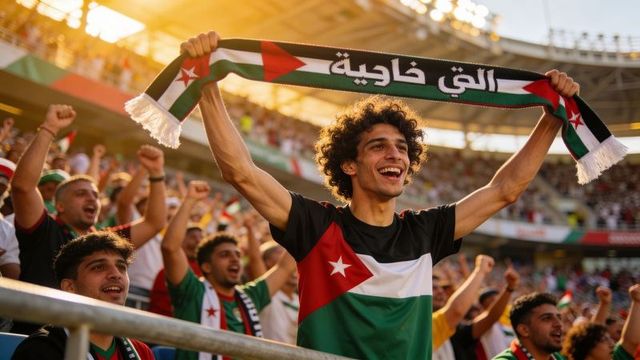 Cheering young fan holding arabic-text scarf overhead wearing star jersey in stadium