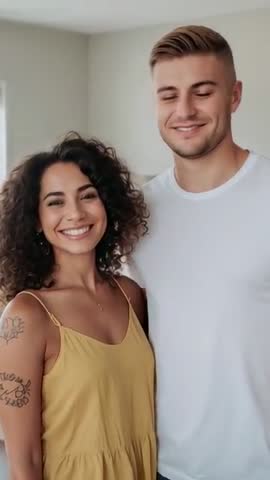 Couple exchanging smiles by window in casual home showing tattoos vertical lifestyle video