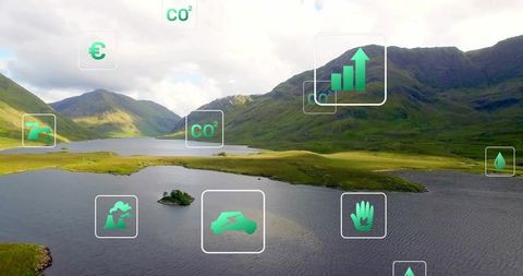 Digital Eco-Sustainability Icons Over Scenic Mountainous Lake