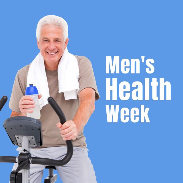Men's health week text by smiling caucasian senior man with water bottle sitting on exercise cycle. digital composite, healthy lifestyle and awareness concept.