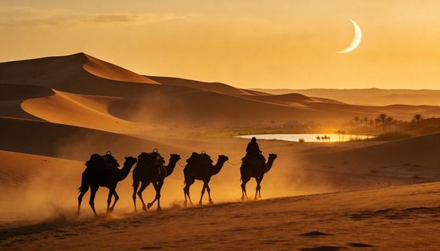 Camel caravan crossing golden sand dunes at sunset with crescent moon and distant oasis