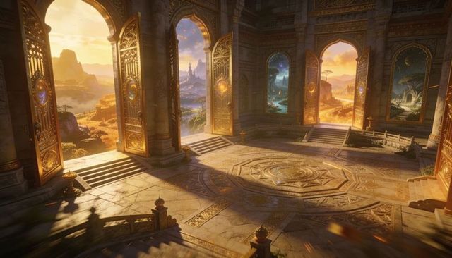Sunlit ornate palace hall with gilded archways and distant fantasy landscapes