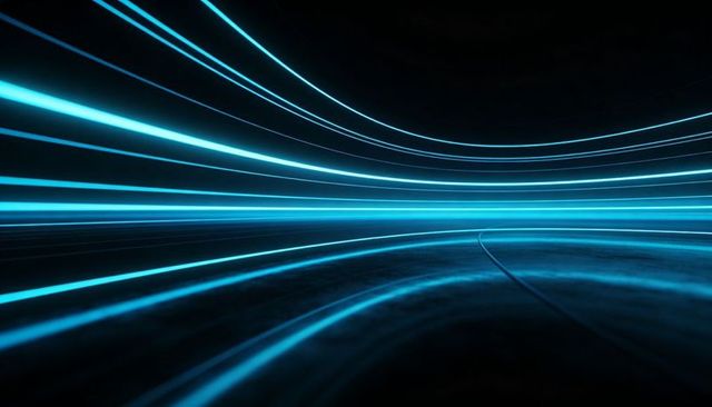 Cyan neon light tunnel curving bands streaming toward horizon with glossy reflective floor