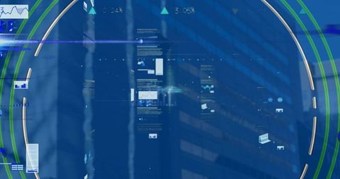 Futuristic HUD overlay displaying floating data panels over urban glass tower facade