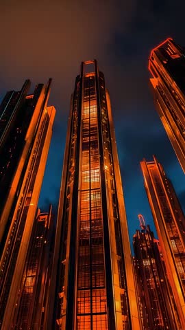 Tilting Upward Revealing Neon-Lit Futuristic Skyscraper Skyline at Dusk | Vertical Video