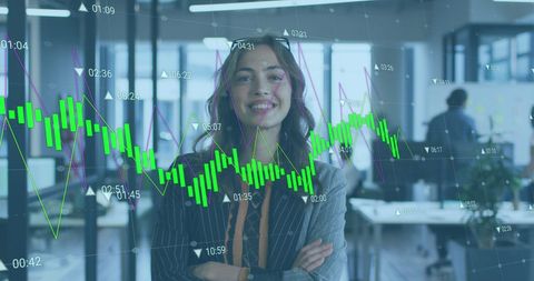 Young Professional Woman in Office with Financial Data Overlay
