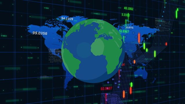 This visual depicts animated financial data displayed over a world map, representing the global exchange of information and economic activity. The technological interface combined with the digital map displays the interconnectedness of world economies and the constant flow of financial information. Ideal for use in presentations about global finance trends, digital trading platforms, economic analysis, and technology's impact on economic networks.