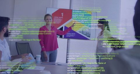 Business Leader Presenting Strategy Infographic in Modern Office