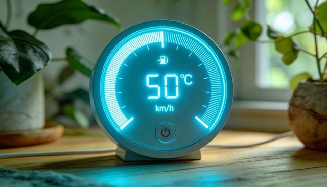 Smart circular thermostat displaying 50°c teal glow on wooden tabletop with potted plants
