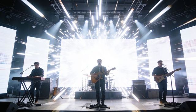 Backlit rock trio performing with explosive led light burst and stage spotlight energy