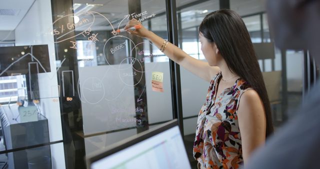 Businesswoman Making Presentation on Transparent Whiteboard - Download Free Stock Images Pikwizard.com