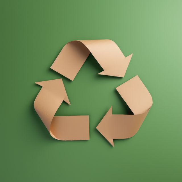 Iconic recycling symbol made of paper on a green background. Perfect for promoting eco-friendly practices, sustainability projects, and environmental campaigns. Great for blogs, social media posts, and educational materials focusing on recycling and environmental conservation.
