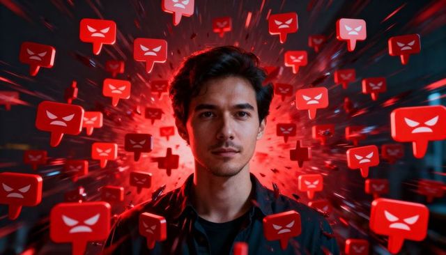 Young man facing camera while standing amid floating red angry social media notifications