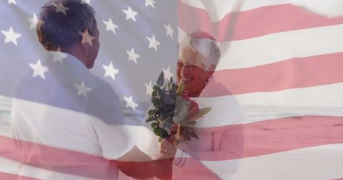 Senior Biracial Couple Celebrating Love on Beach with USA Flag Overlay - Download Free Stock Images Pikwizard.com