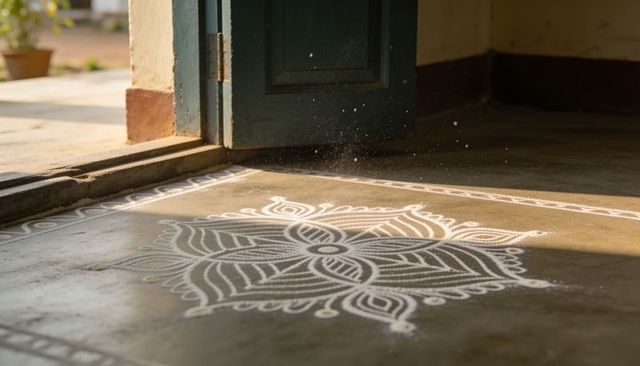 Sunlit white kolam rangoli at doorstep catching dust motes with floral geometric symmetry