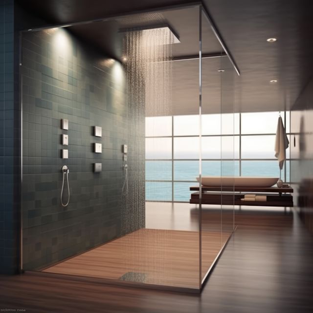 Luxurious modern bathroom featuring a rain shower with sleek water fixtures enclosed in glass. Room has ocean view through a large window, creating a serene and relaxing spa-like atmosphere. Wooden floors add warmth to the contemporary, minimalist design, making it ideal for use in hotel advertisements, interior design portfolios, and lifestyle magazines.