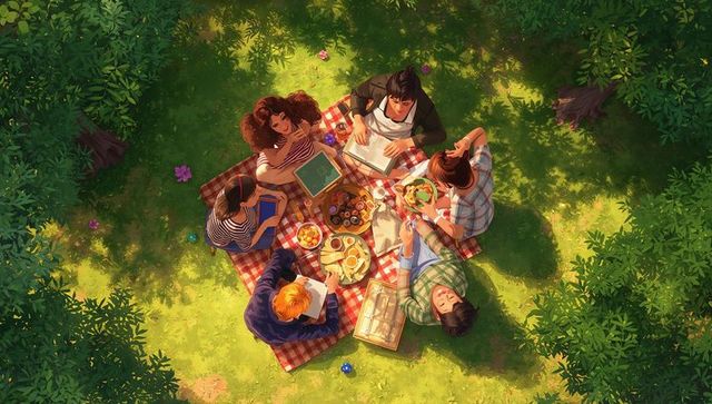 Young friends sharing picnic and studying on checked blanket in sunlit park clearing