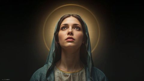 Spiritual woman the virgin mary in hooded cloak with golden halo
